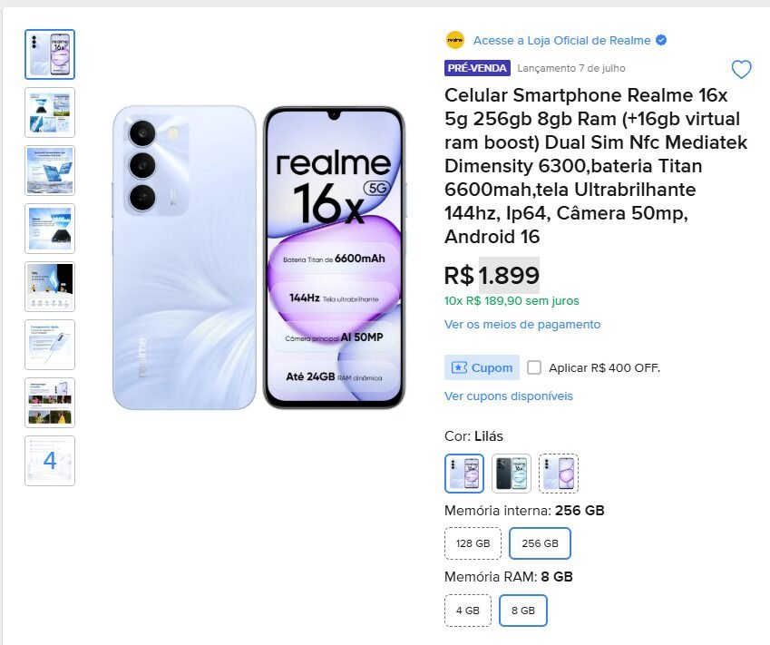 Realme 16x 5G recebe bateria Titan de 6.600 mAh e surpreende no preço de lançamento - Imagem do artigo original